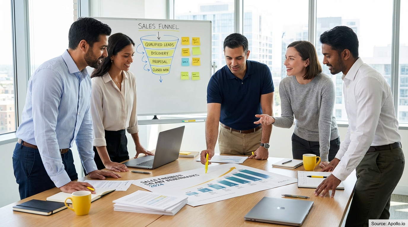 Sales professionals discussing strategy around a conference table discussing compensation strategies