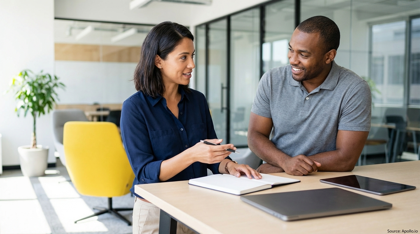 Two professionals discuss an open notebook at a bright office table.
