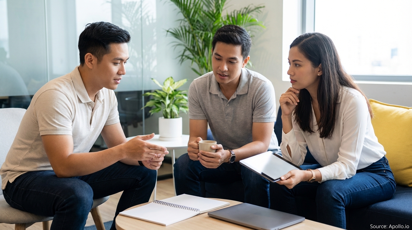 Three professionals in conversation around a table with a laptop and tablet.