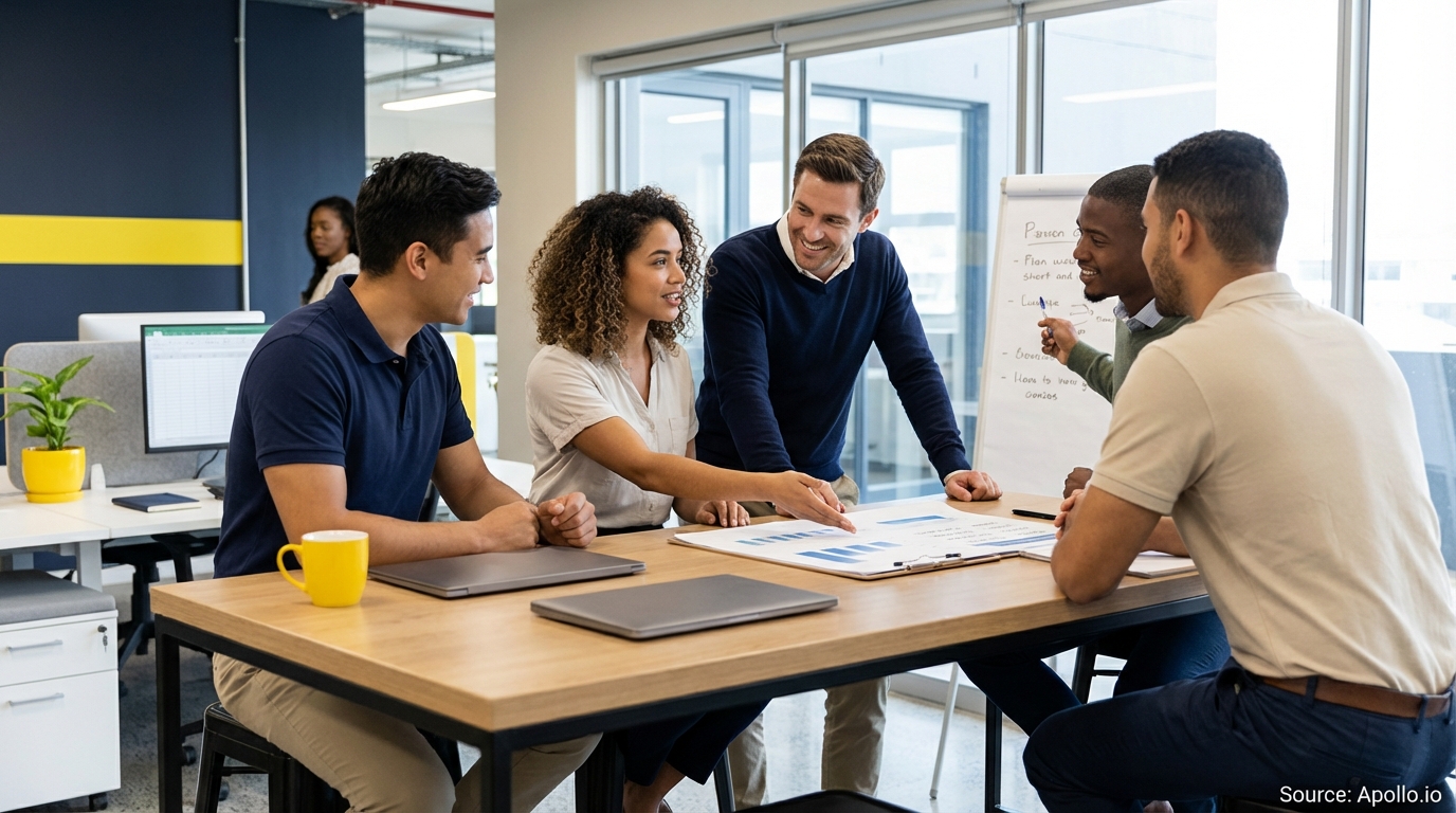 Sales team collaborating in a modern open-plan office discussing compensation strategies