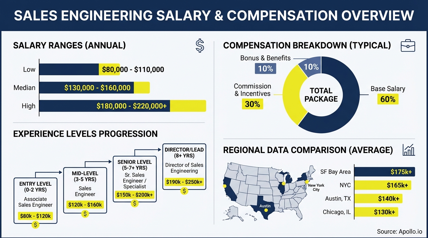 Infographic showing sales professional salary ranges and compensation breakdown by experience level