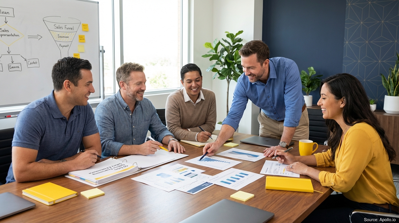 Sales professionals discussing strategy around a conference table discussing compensation strategies