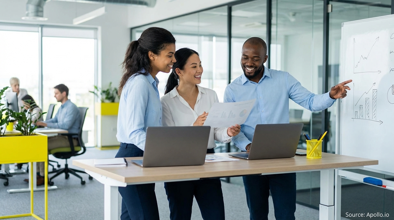 Sales team collaborating in a modern open-plan office in a sales team meeting