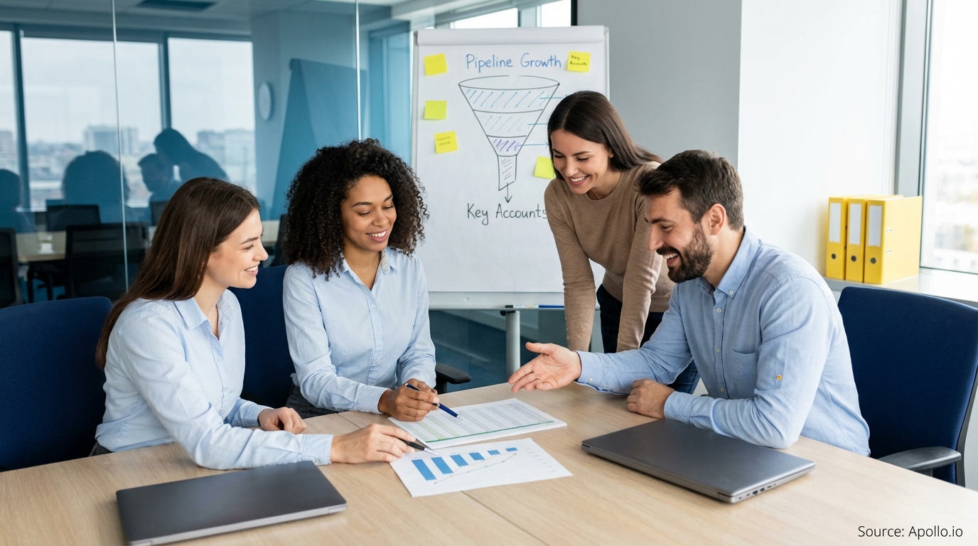 Sales professionals discussing strategy around a conference table in a sales team meeting