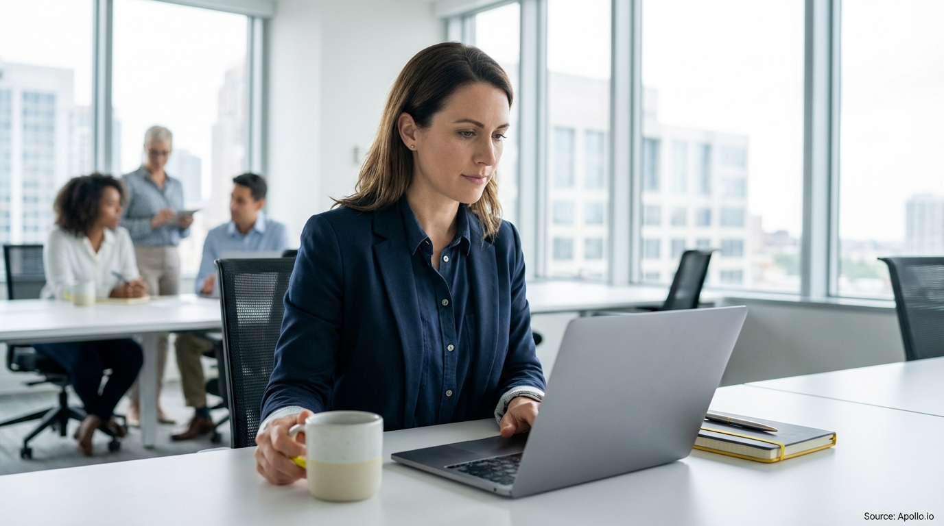 A businesswoman types on her laptop at a modern office desk, with three colleagues meeting in the background.
