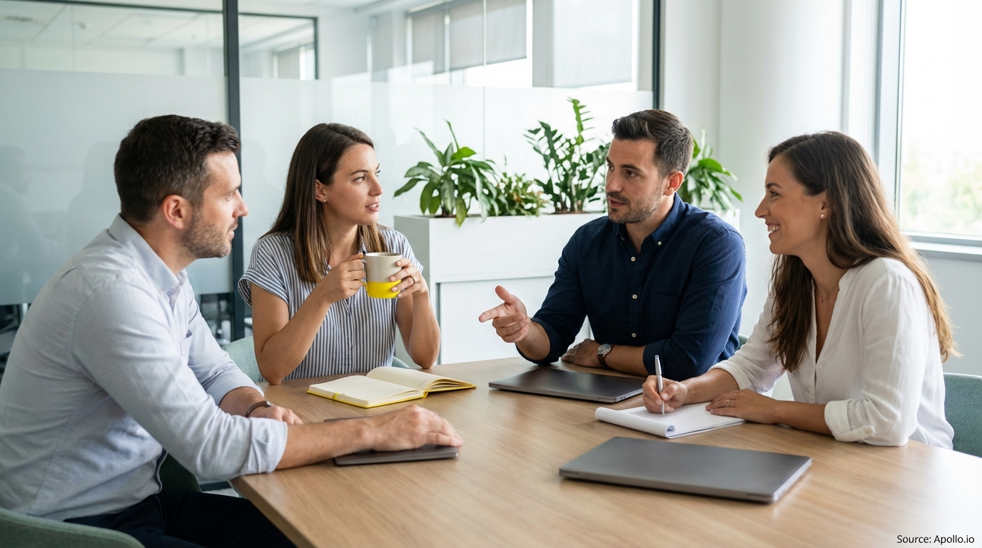 Four professionals discuss at a bright, modern office table with laptops and plants.