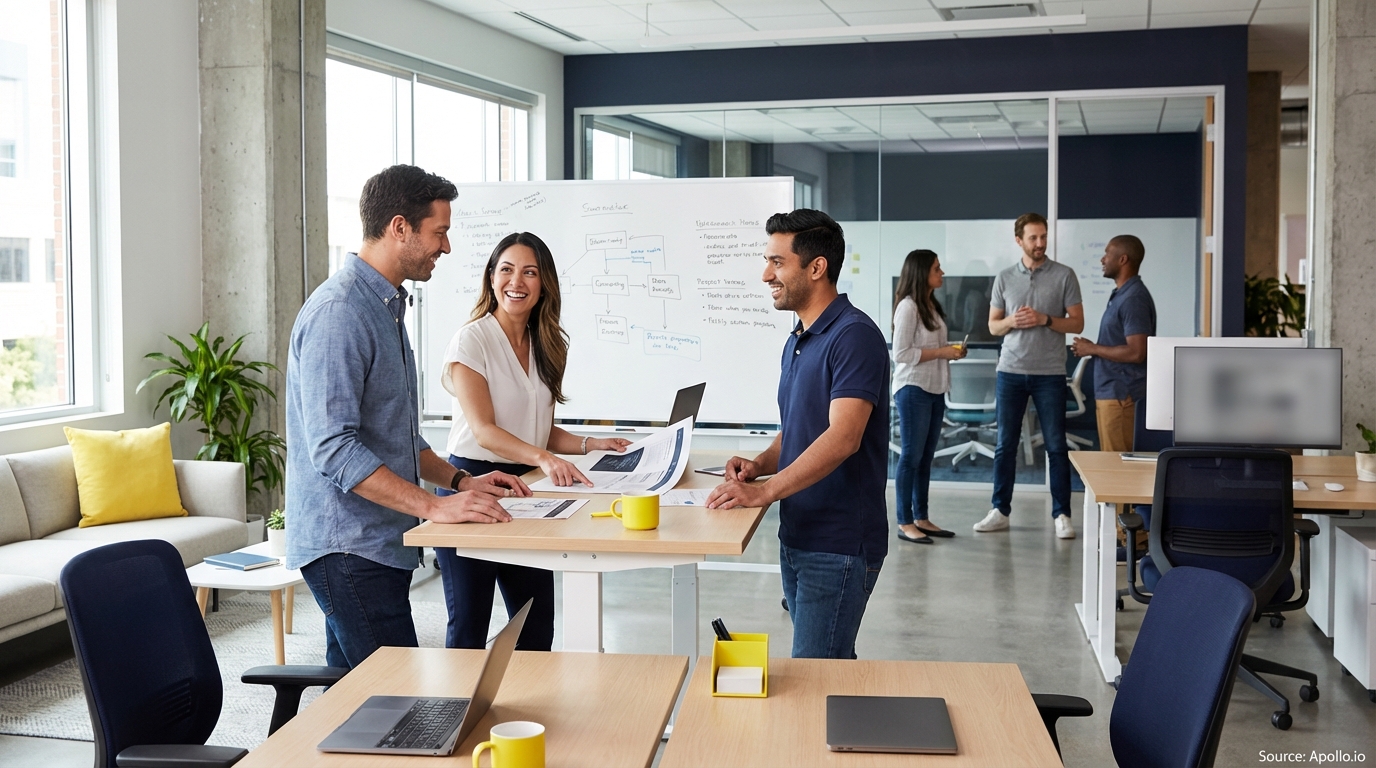 Sales team collaborating in a modern open-plan office evaluating sales technology options