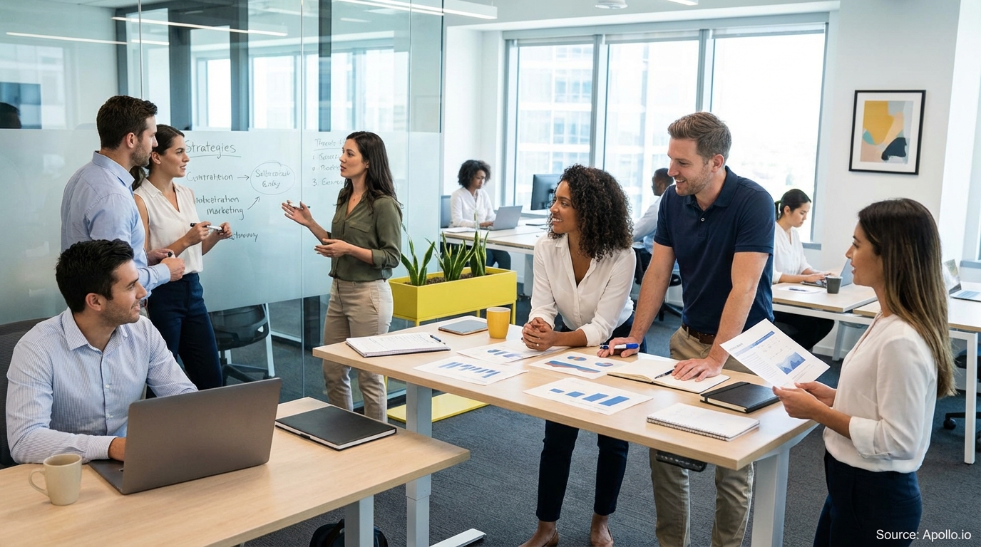 Sales team collaborating in a modern open-plan office in a sales team meeting