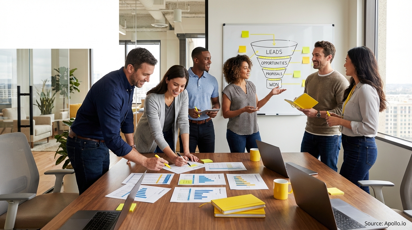 Sales professionals discussing strategy around a conference table in a sales team meeting