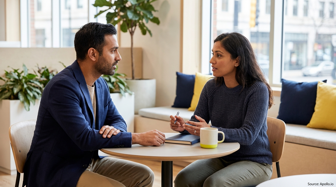 Two colleagues conversing at a table in a bright, modern office space.