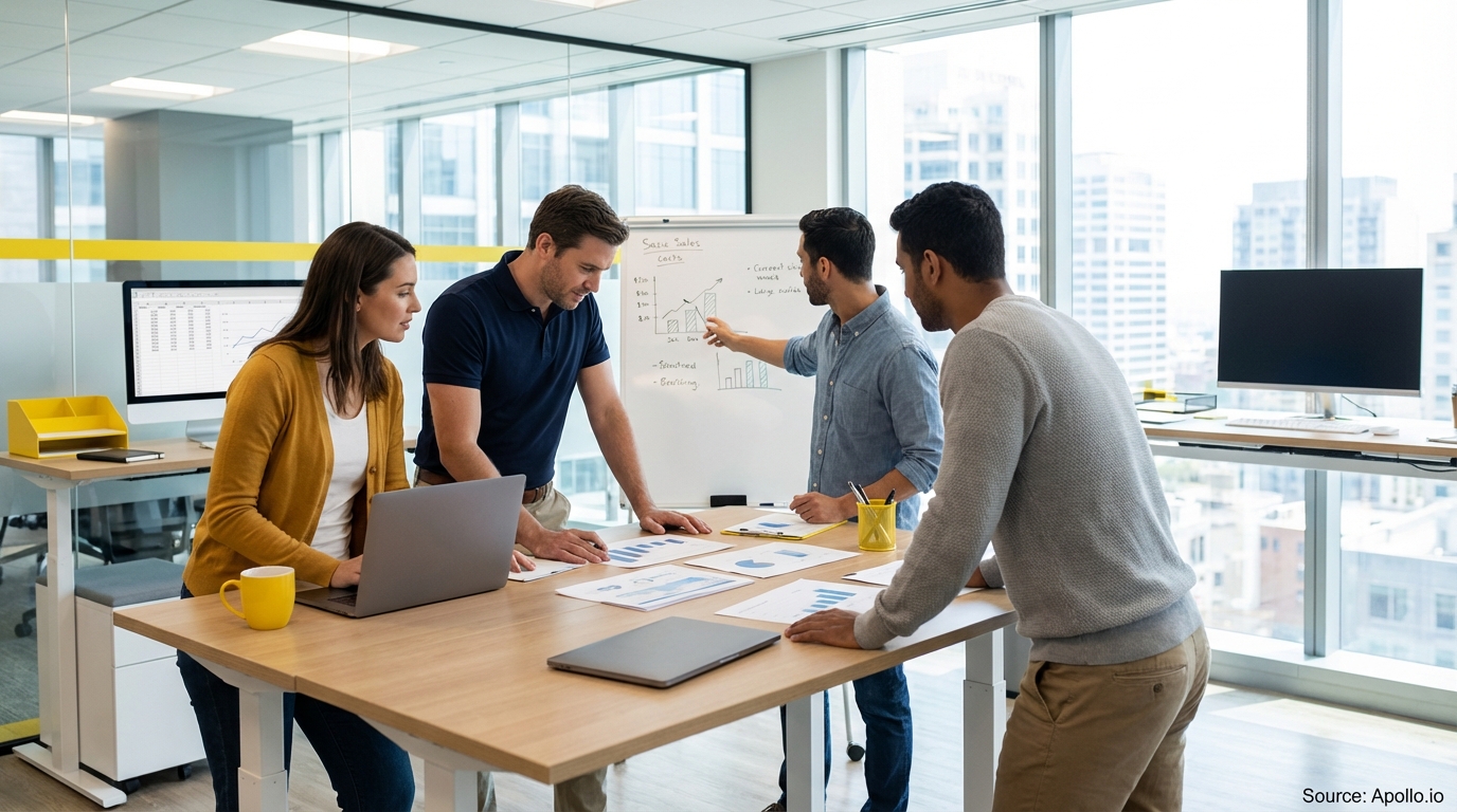Sales team collaborating in a modern open-plan office analyzing sales pipeline