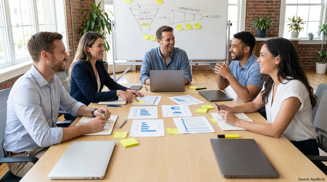 Sales professionals discussing strategy around a conference table analyzing sales pipeline