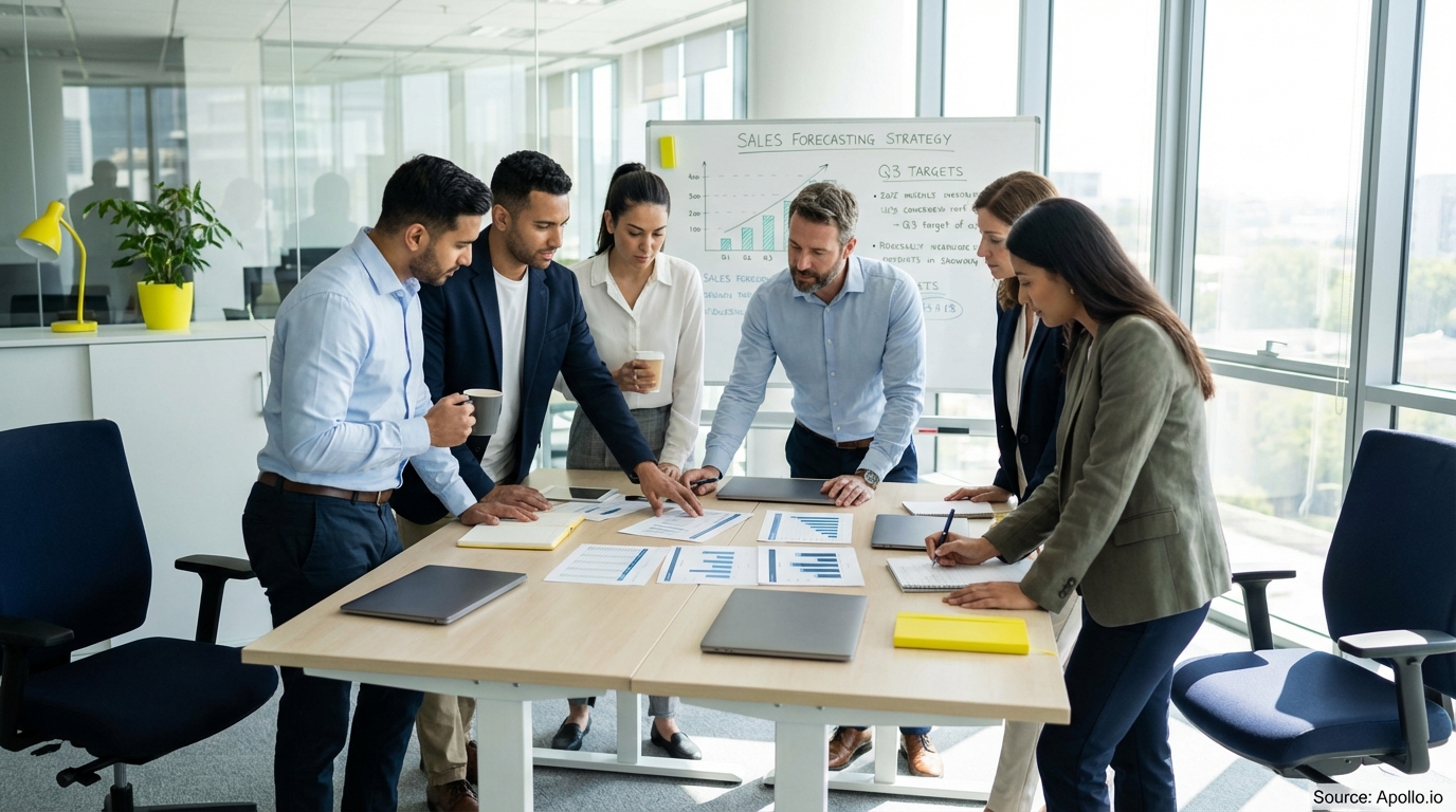 Sales team collaborating in a modern open-plan office analyzing sales pipeline