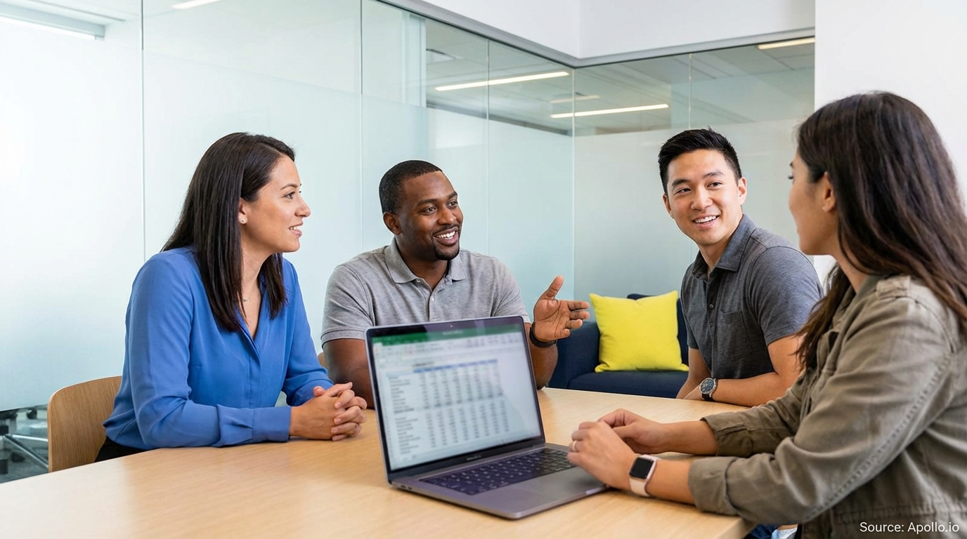 Four professionals discuss data on a laptop during an office meeting.