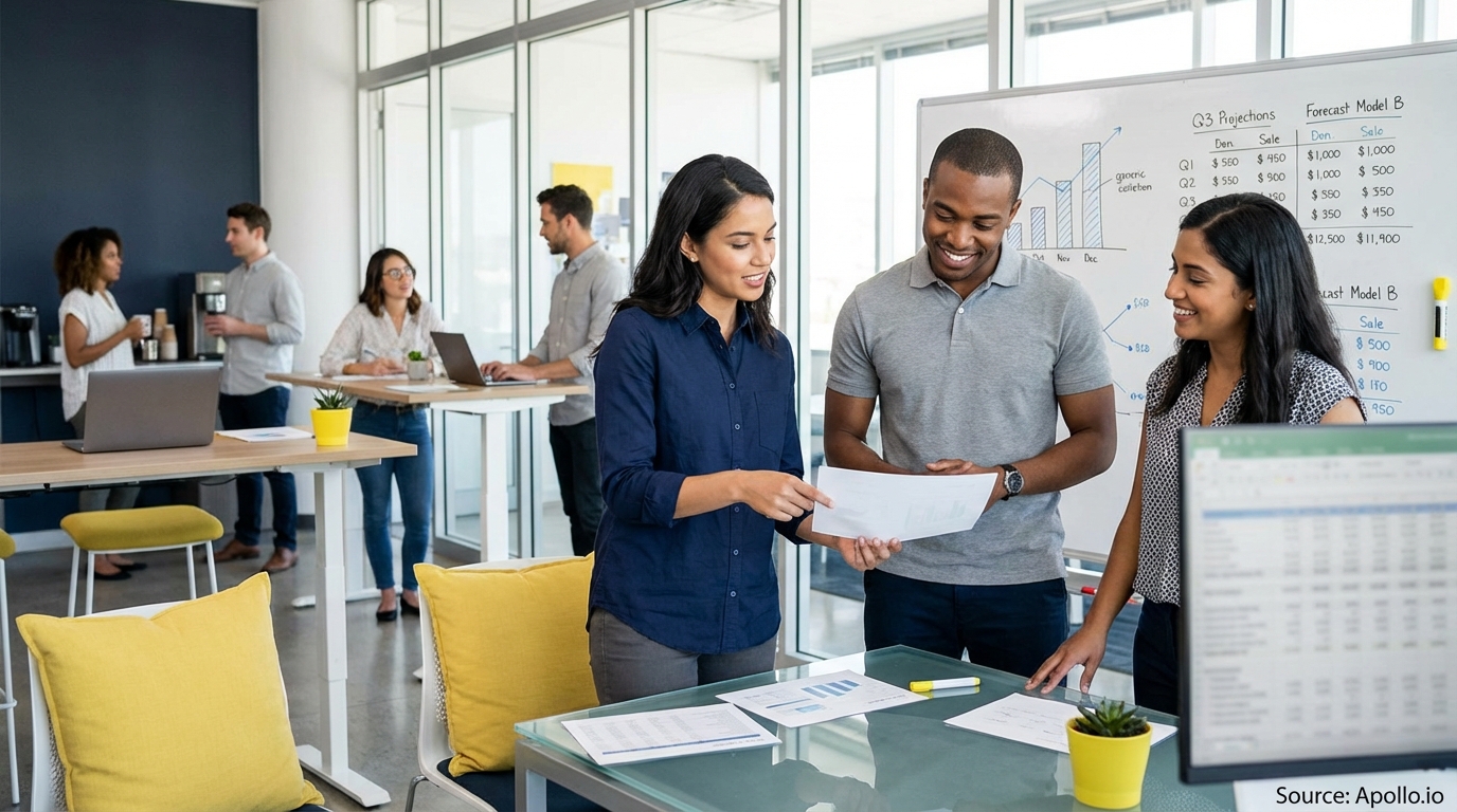 Sales team collaborating in a modern open-plan office analyzing sales pipeline