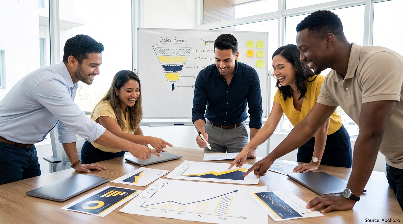 Sales professionals discussing strategy around a conference table analyzing sales pipeline