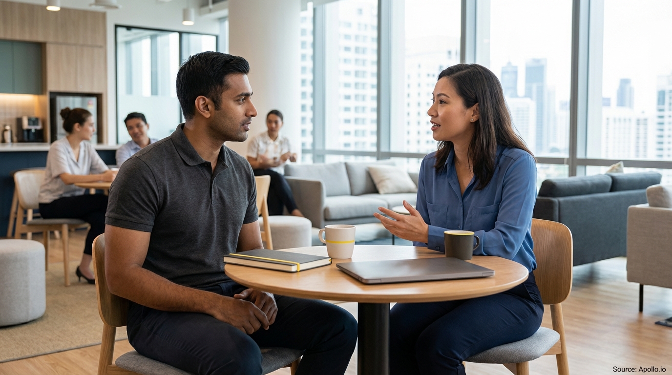 Two professionals discuss at a modern office table with city views and colleagues.