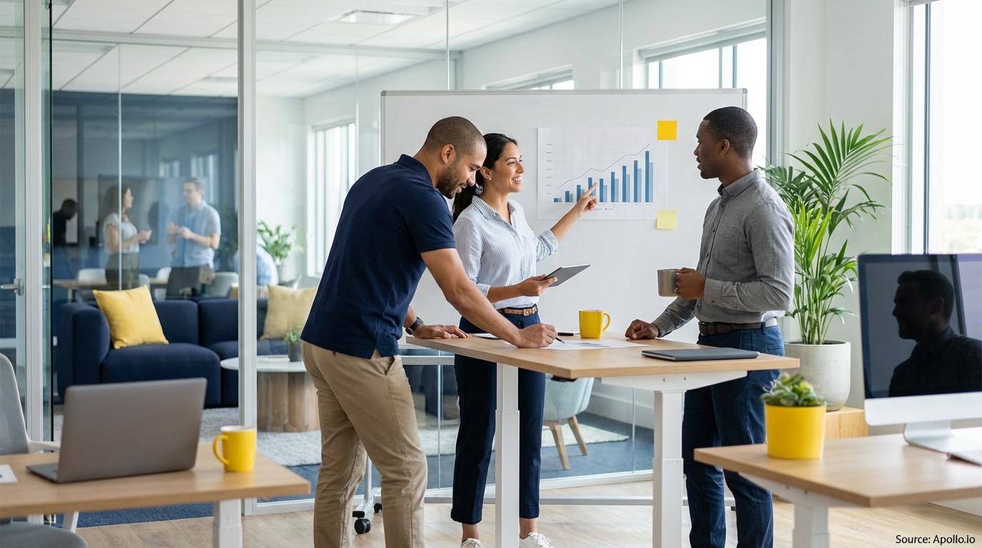Sales team collaborating in a modern open-plan office analyzing sales pipeline