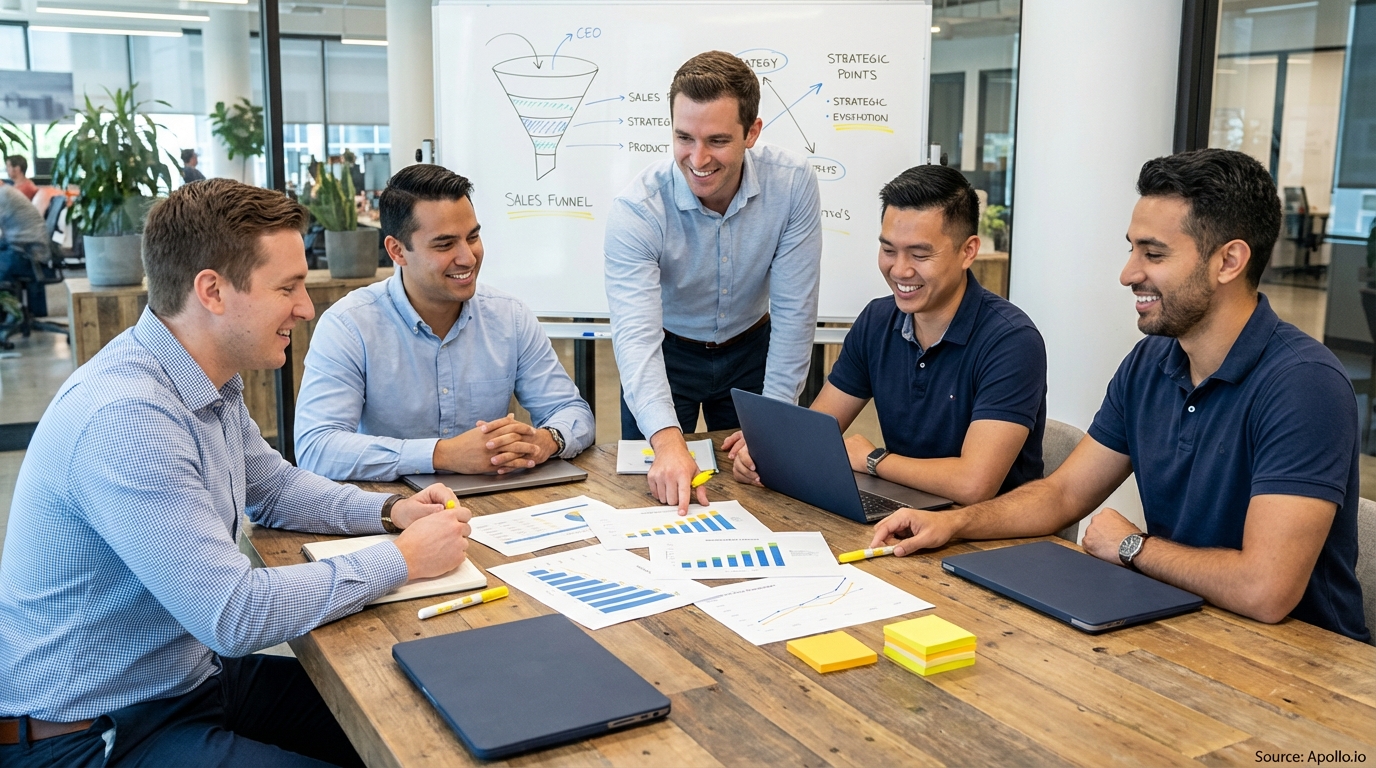 Sales professionals discussing strategy around a conference table analyzing sales pipeline