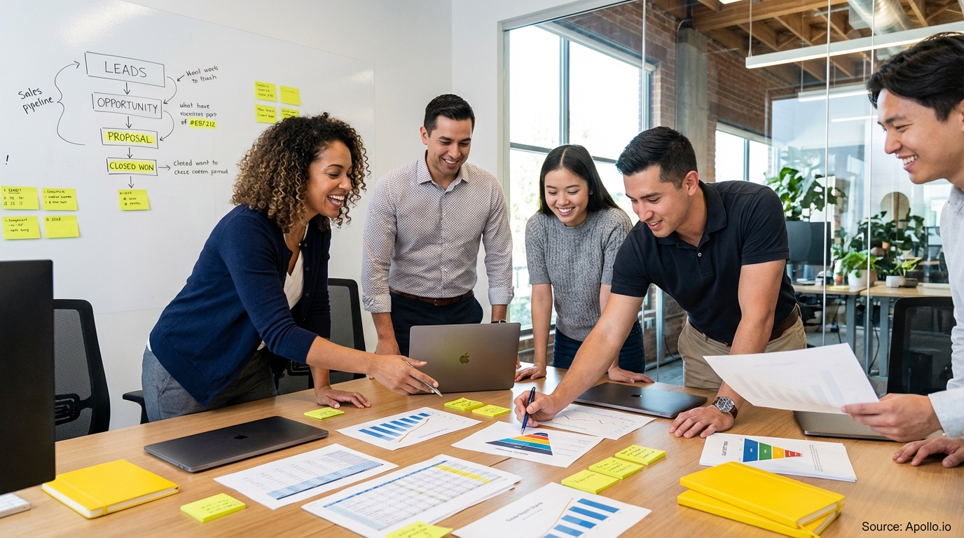 Sales professionals discussing strategy around a conference table analyzing sales pipeline