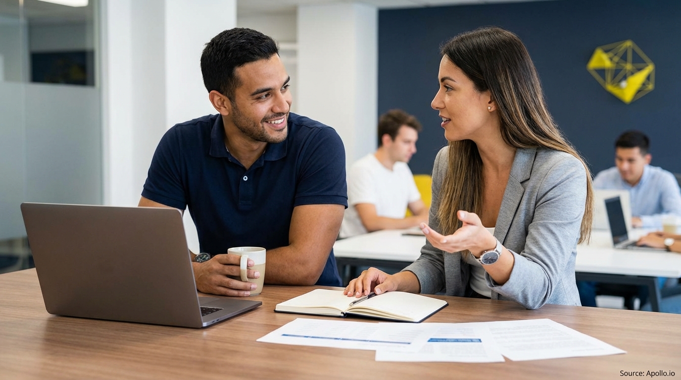 Two professionals discuss at a modern office table with a laptop and documents.