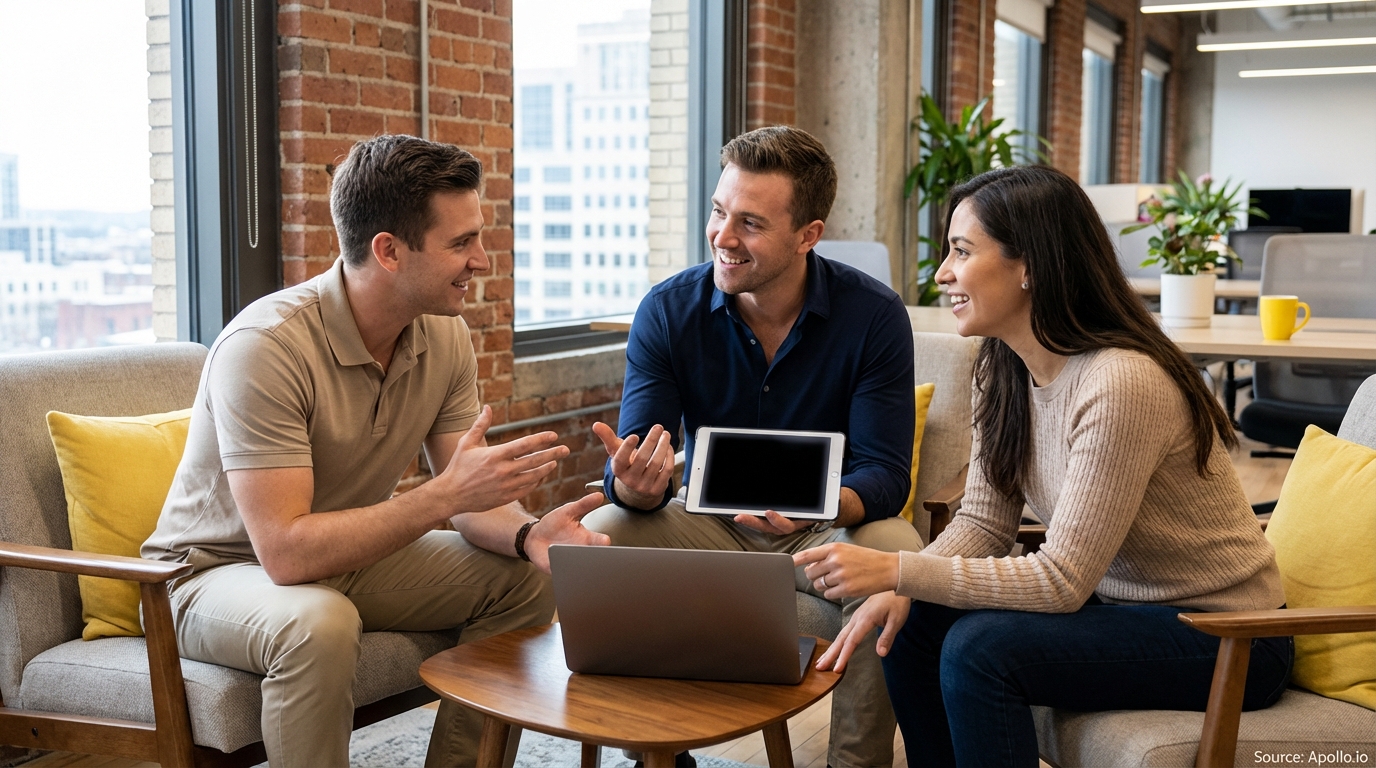 Three smiling colleagues meet, looking at a laptop and tablet in a modern office lounge.