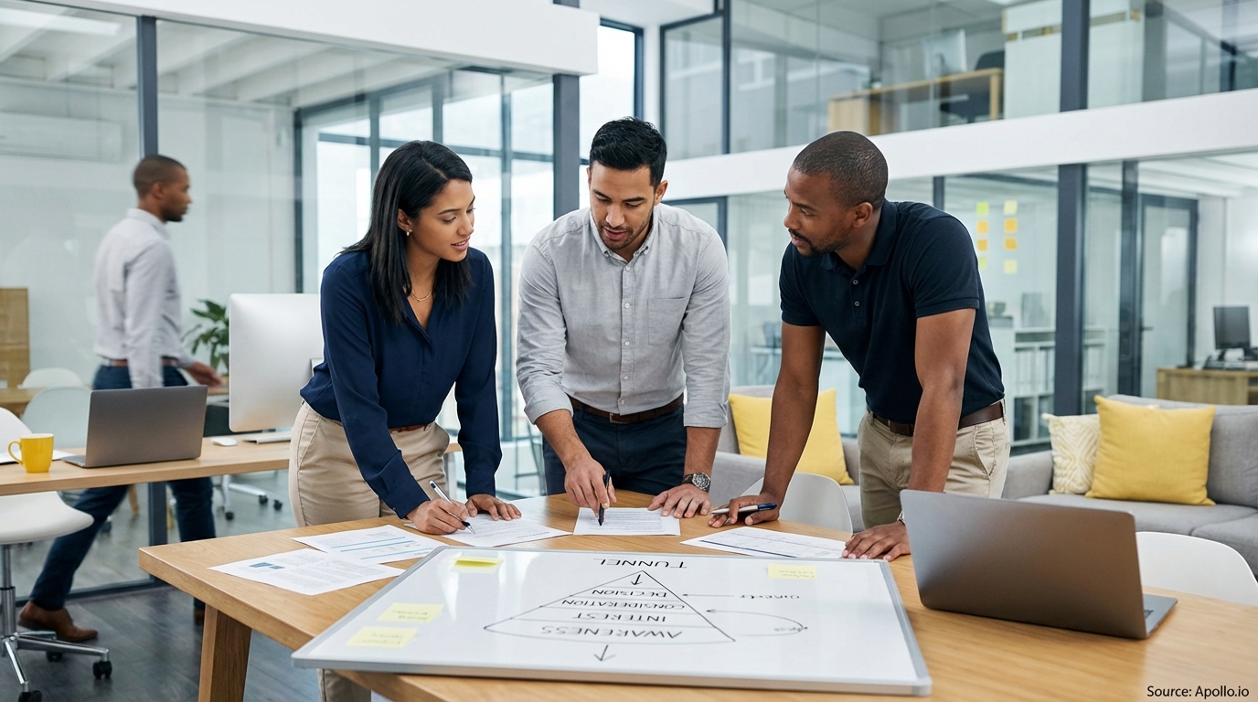 Sales team collaborating in a modern open-plan office in a sales team meeting