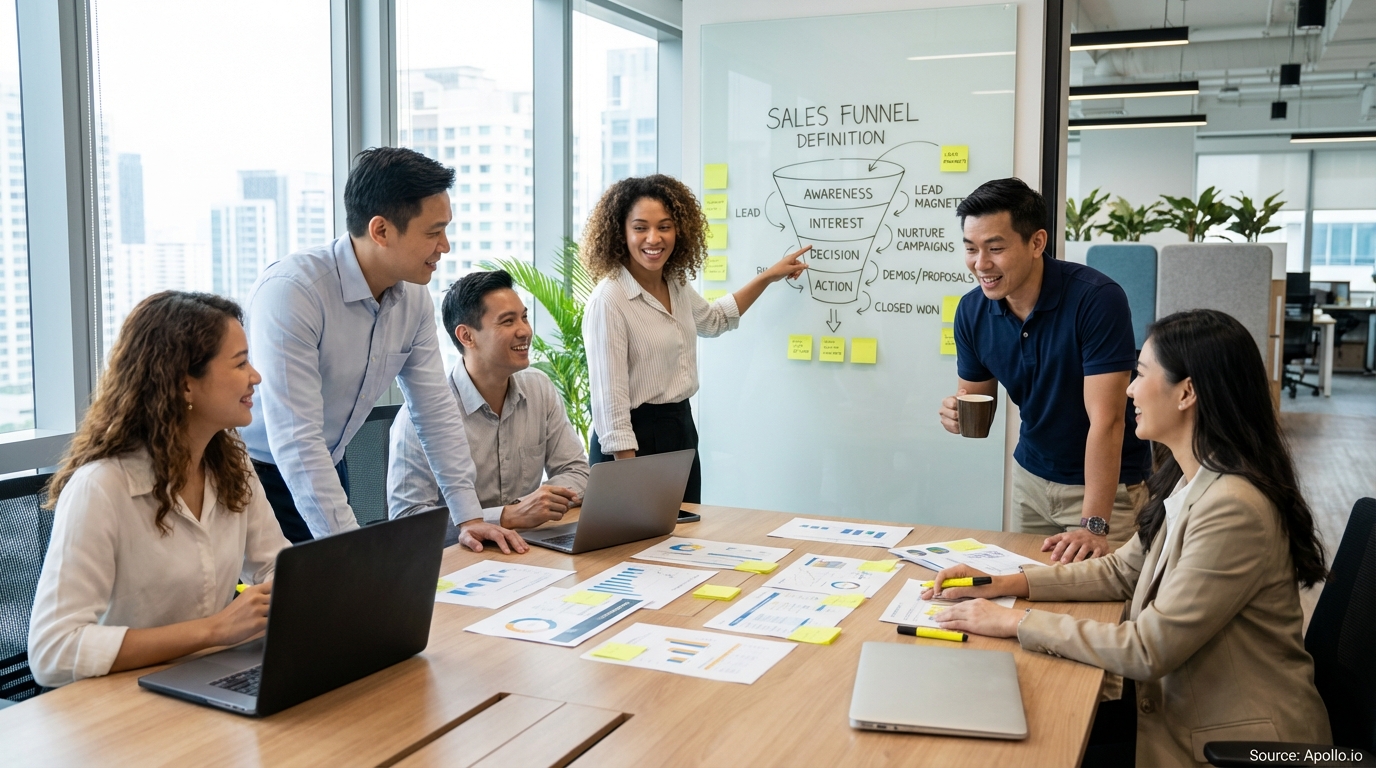 Sales professionals discussing strategy around a conference table in a sales team meeting