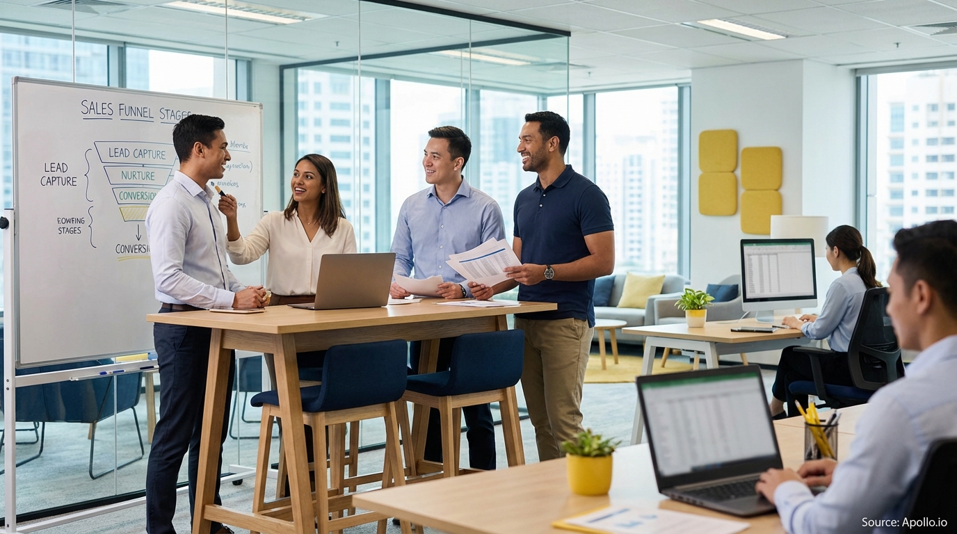 Sales team collaborating in a modern open-plan office in a sales team meeting