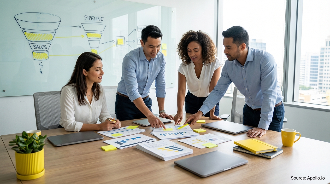 Sales professionals discussing strategy around a conference table in a sales team meeting
