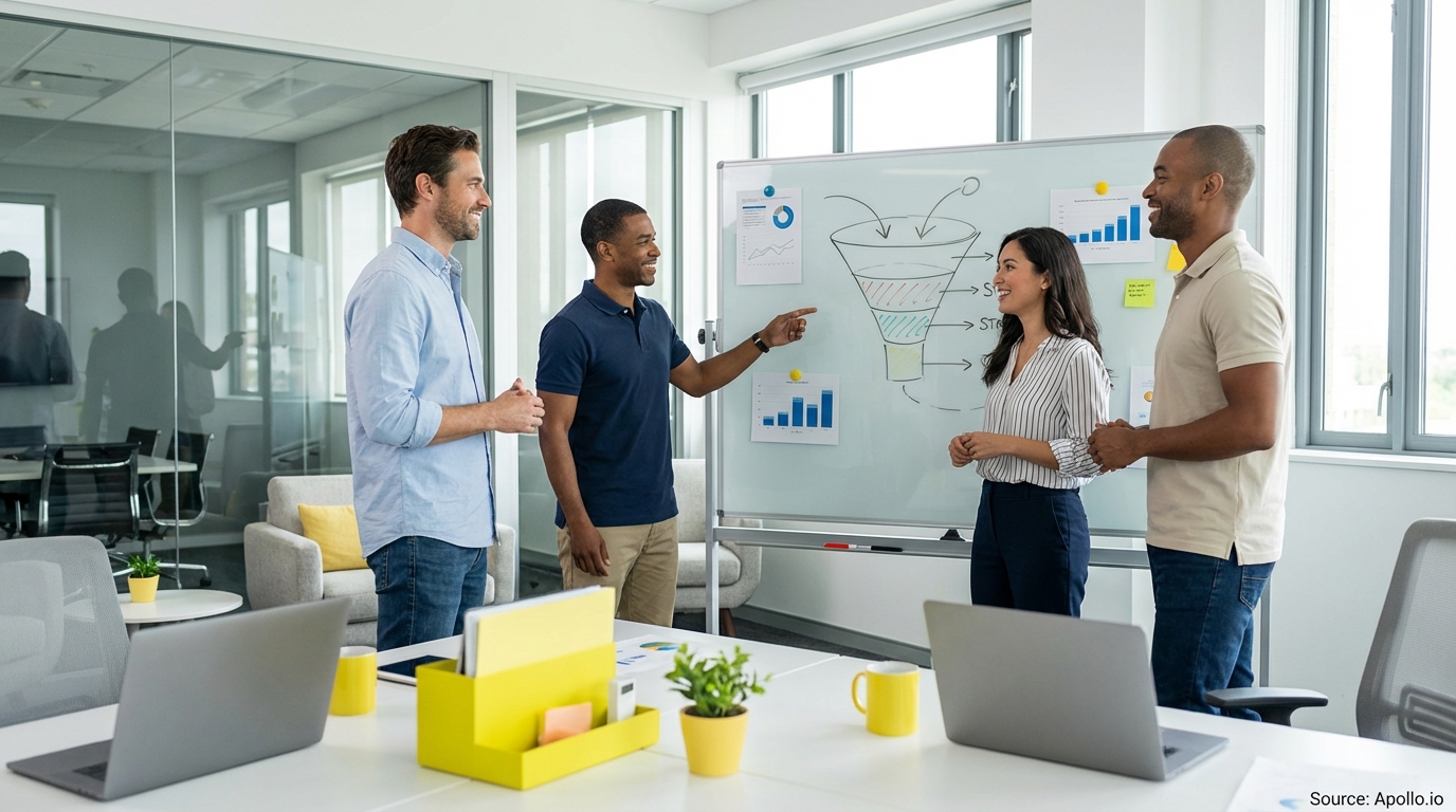 Sales team collaborating in a modern open-plan office in a sales team meeting
