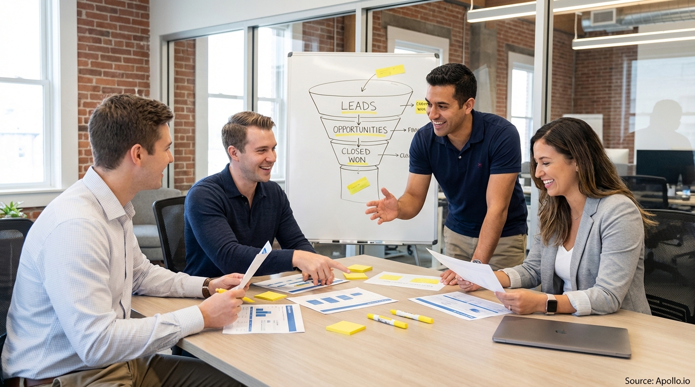 Sales professionals discussing strategy around a conference table in a sales team meeting