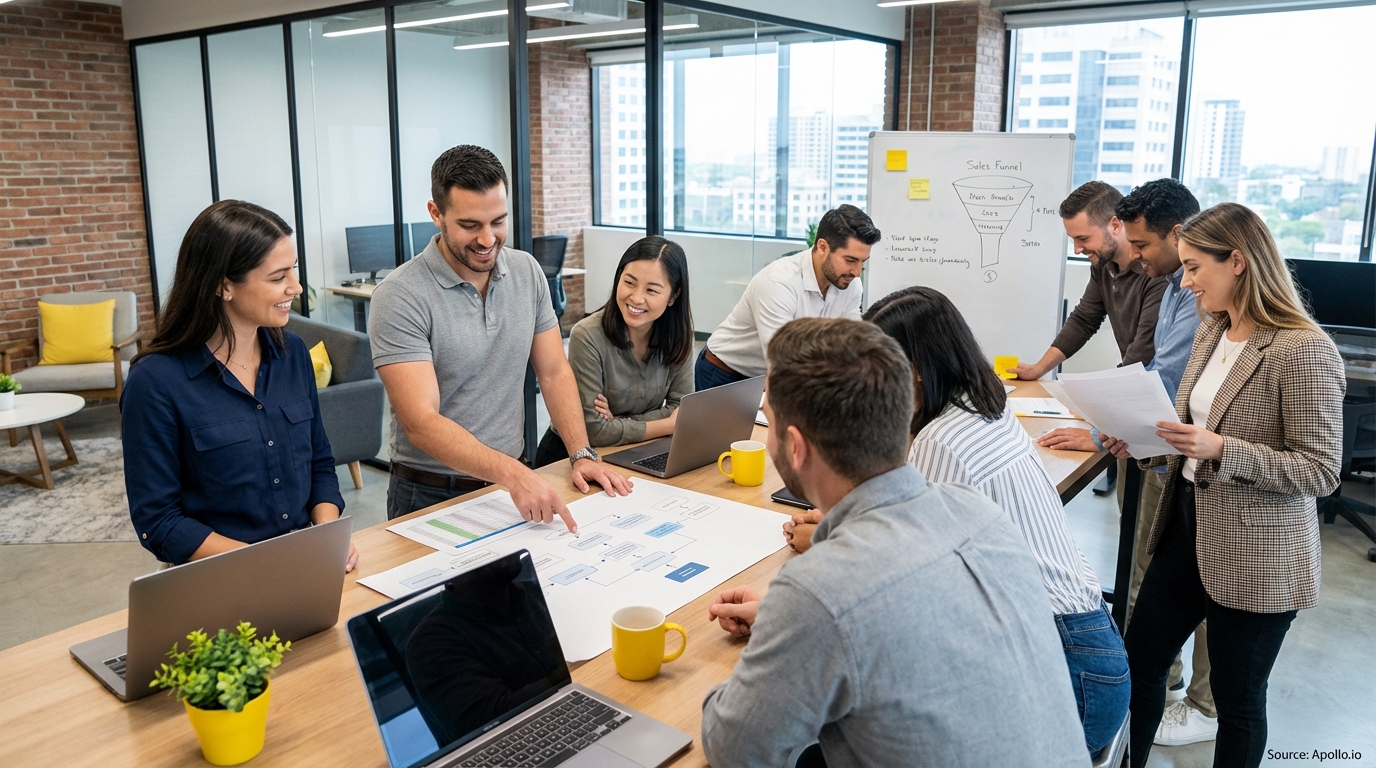 Sales team collaborating in a modern open-plan office in a sales team meeting