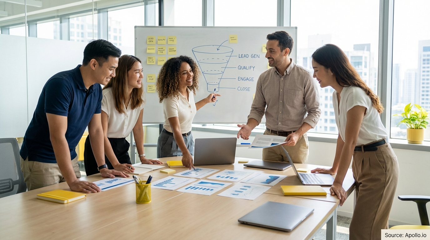 Sales professionals discussing strategy around a conference table in a sales team meeting