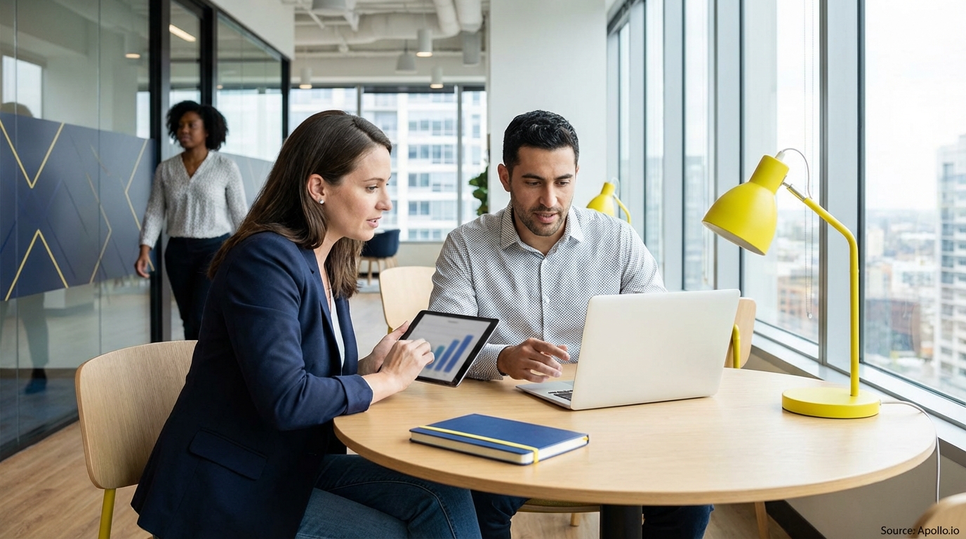 Two business professionals review data on a tablet and laptop in a bright modern office.