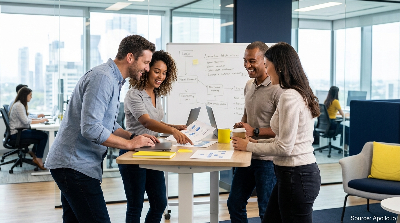 Sales team collaborating in a modern open-plan office evaluating sales technology options