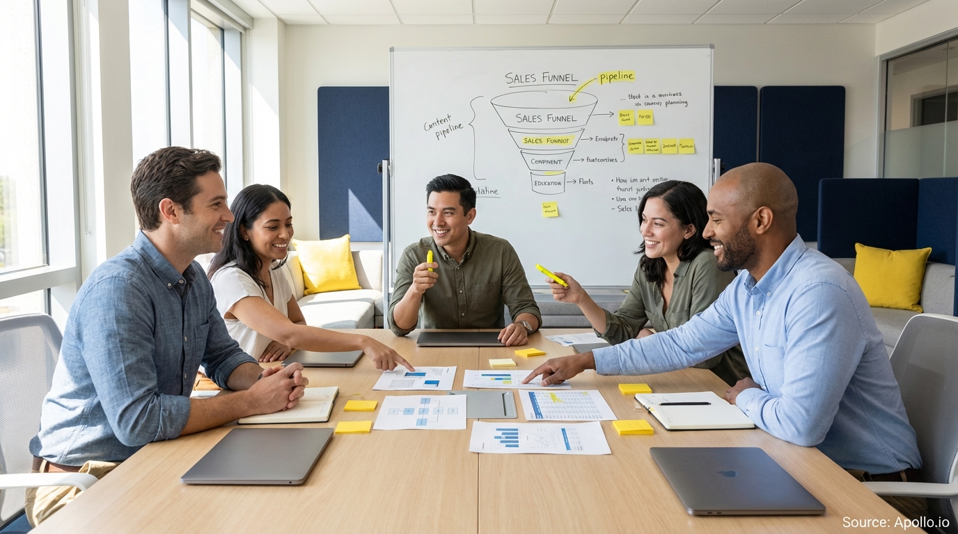 Sales professionals discussing strategy around a conference table evaluating sales technology options