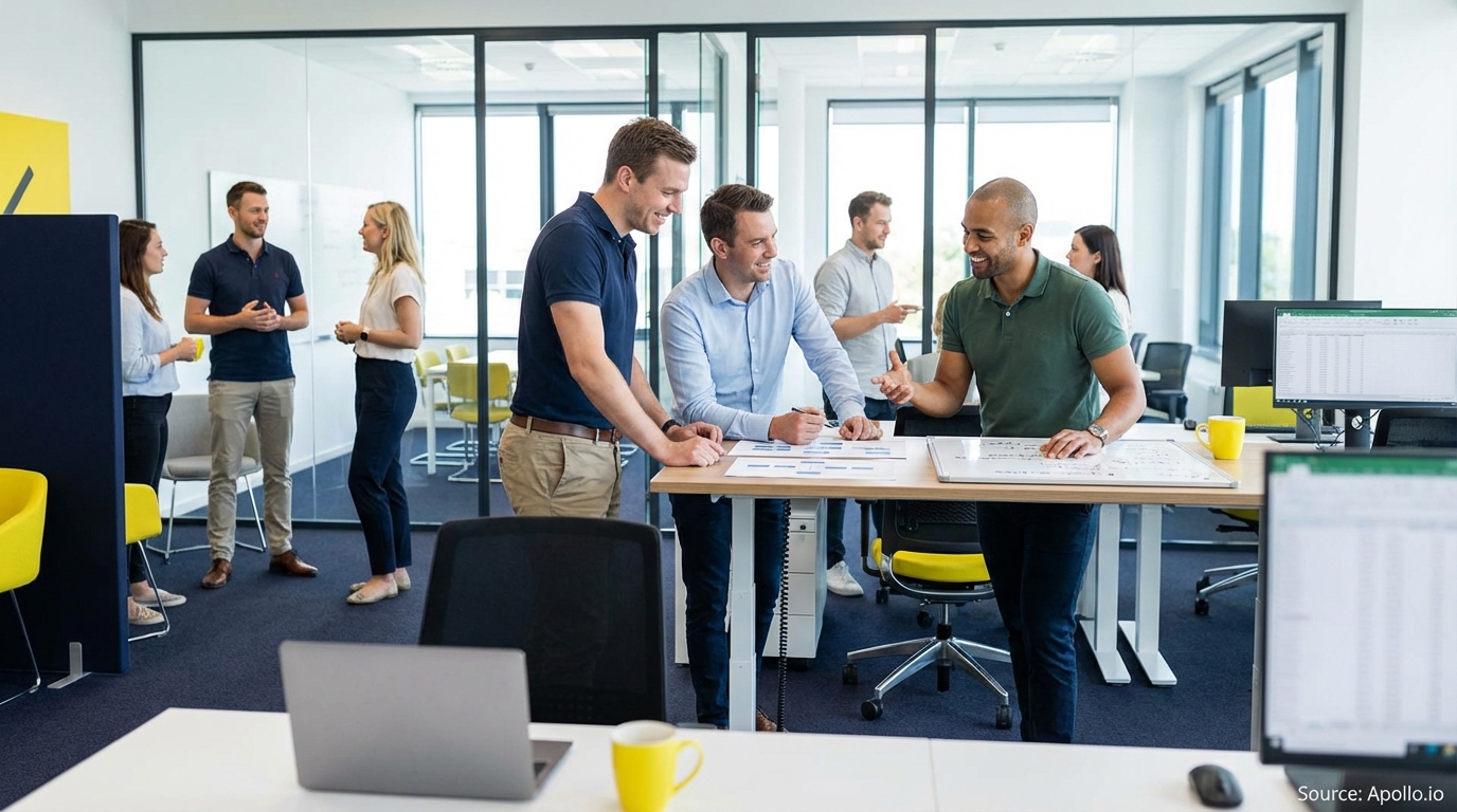 Sales team collaborating in a modern open-plan office in a sales team meeting