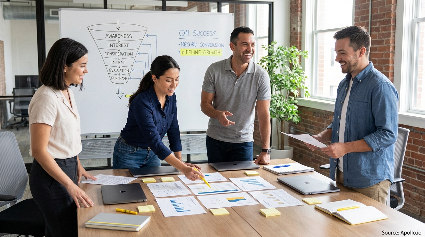 Sales professionals discussing strategy around a conference table in a sales team meeting