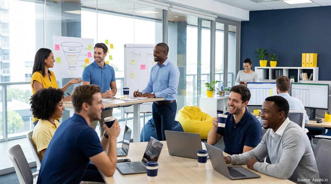 Sales team collaborating in a modern open-plan office in a sales team meeting