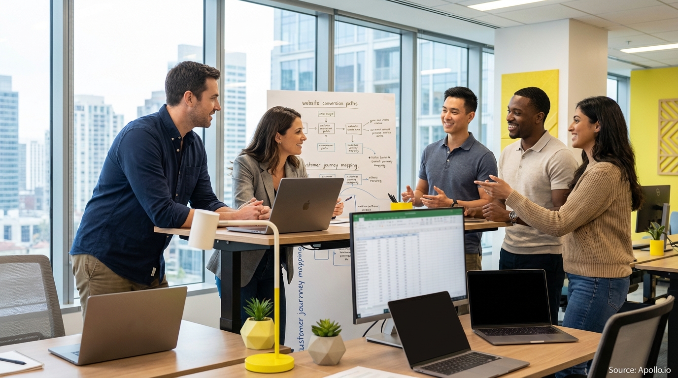 Sales team collaborating in a modern open-plan office in a sales team meeting