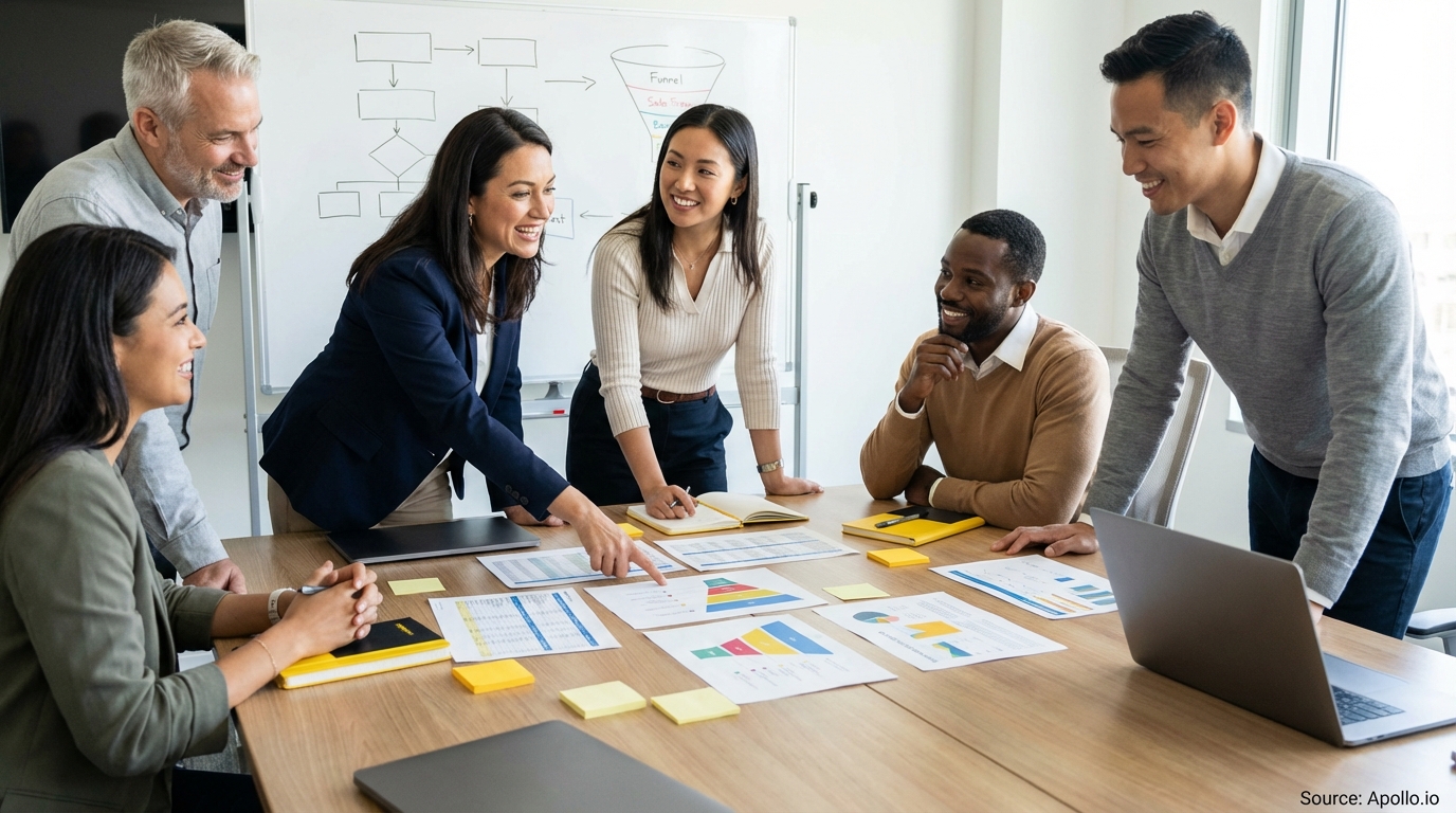 Sales professionals discussing strategy around a conference table in a sales team meeting