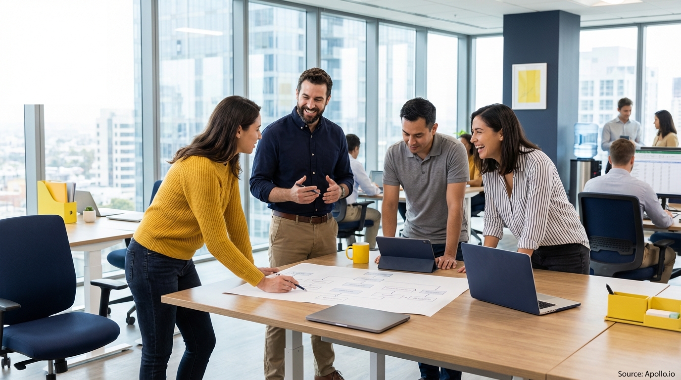 Sales team collaborating in a modern open-plan office in a sales team meeting