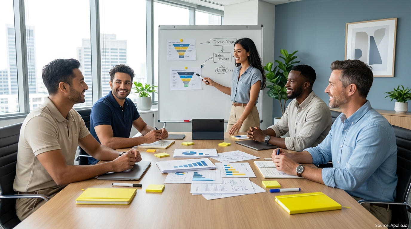 Sales professionals discussing strategy around a conference table in a sales team meeting