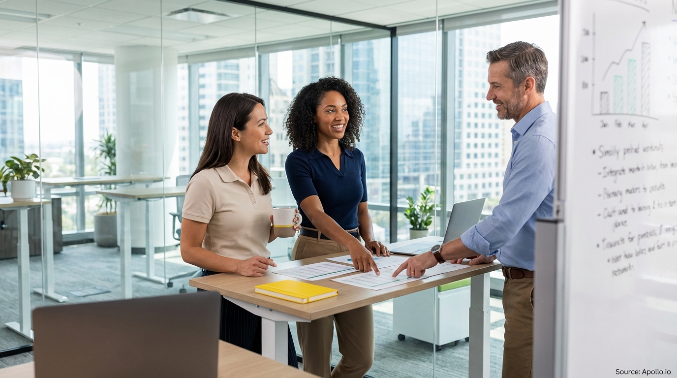 Sales team collaborating in a modern open-plan office reviewing performance targets