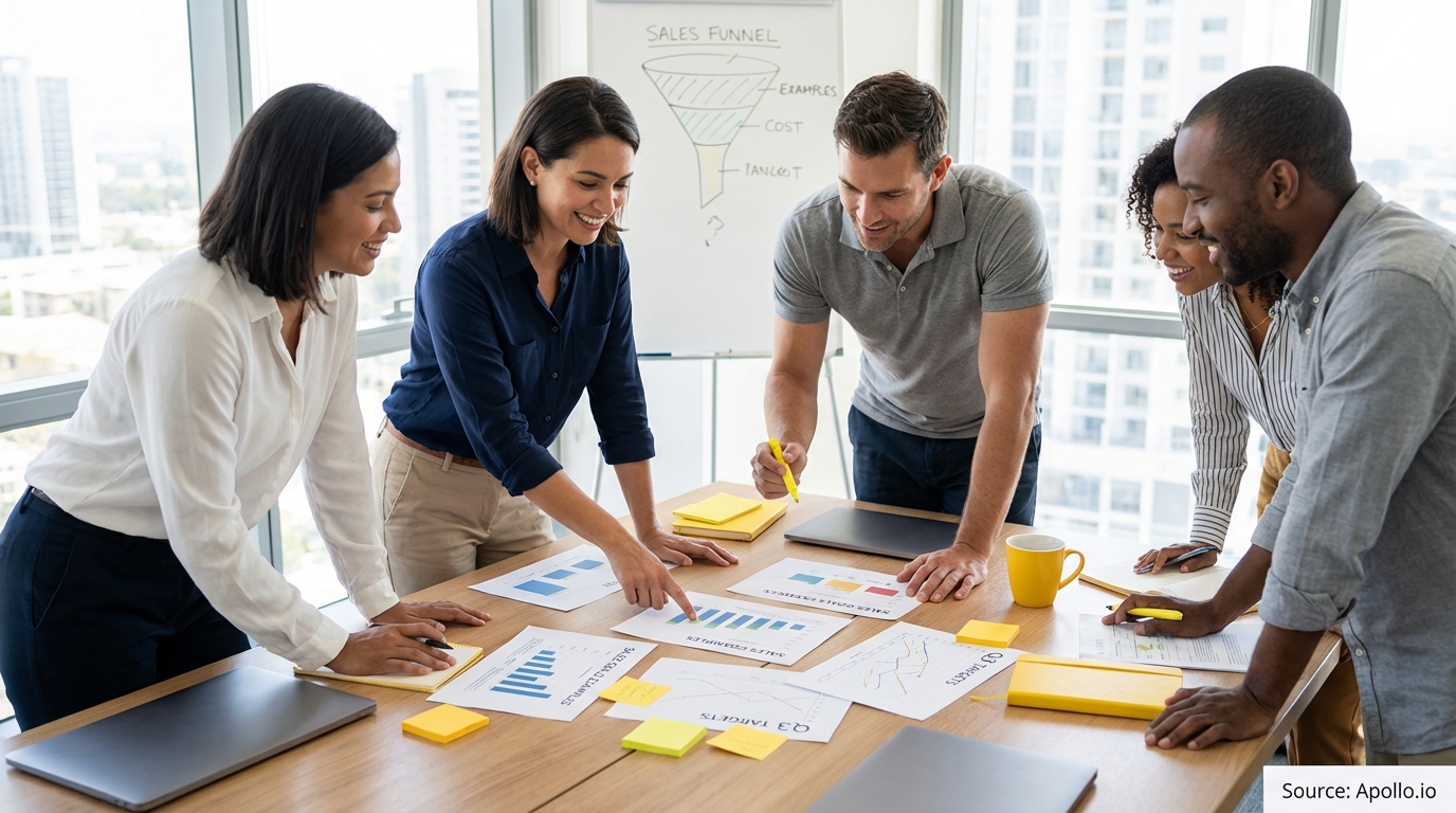 Sales professionals discussing strategy around a conference table reviewing performance targets