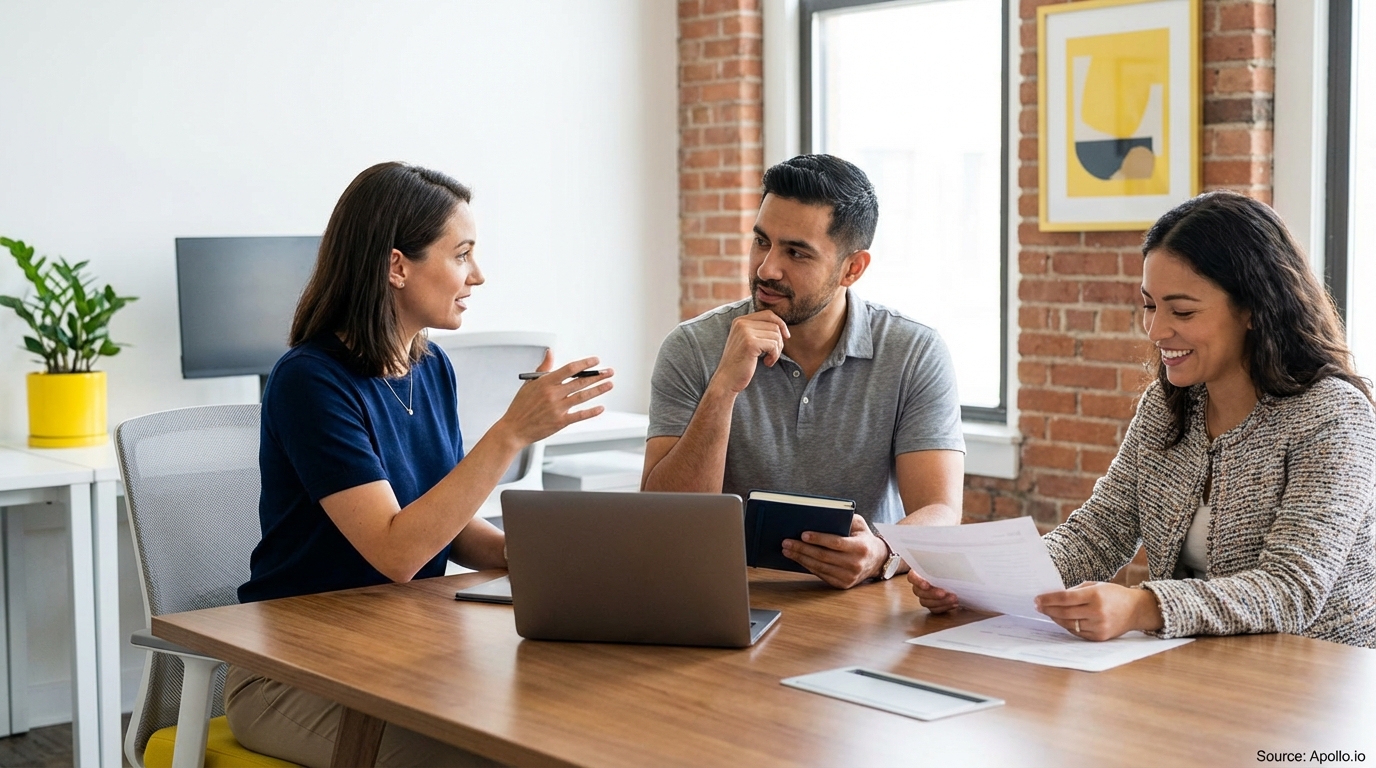 Three professionals discuss, with one presenting and two listening, at a modern office table.
