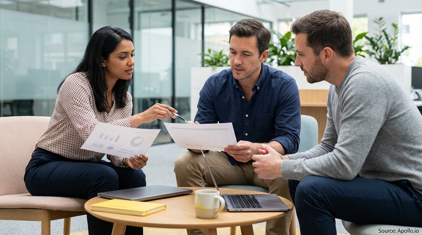 Three professionals review documents and laptops at a modern office table.