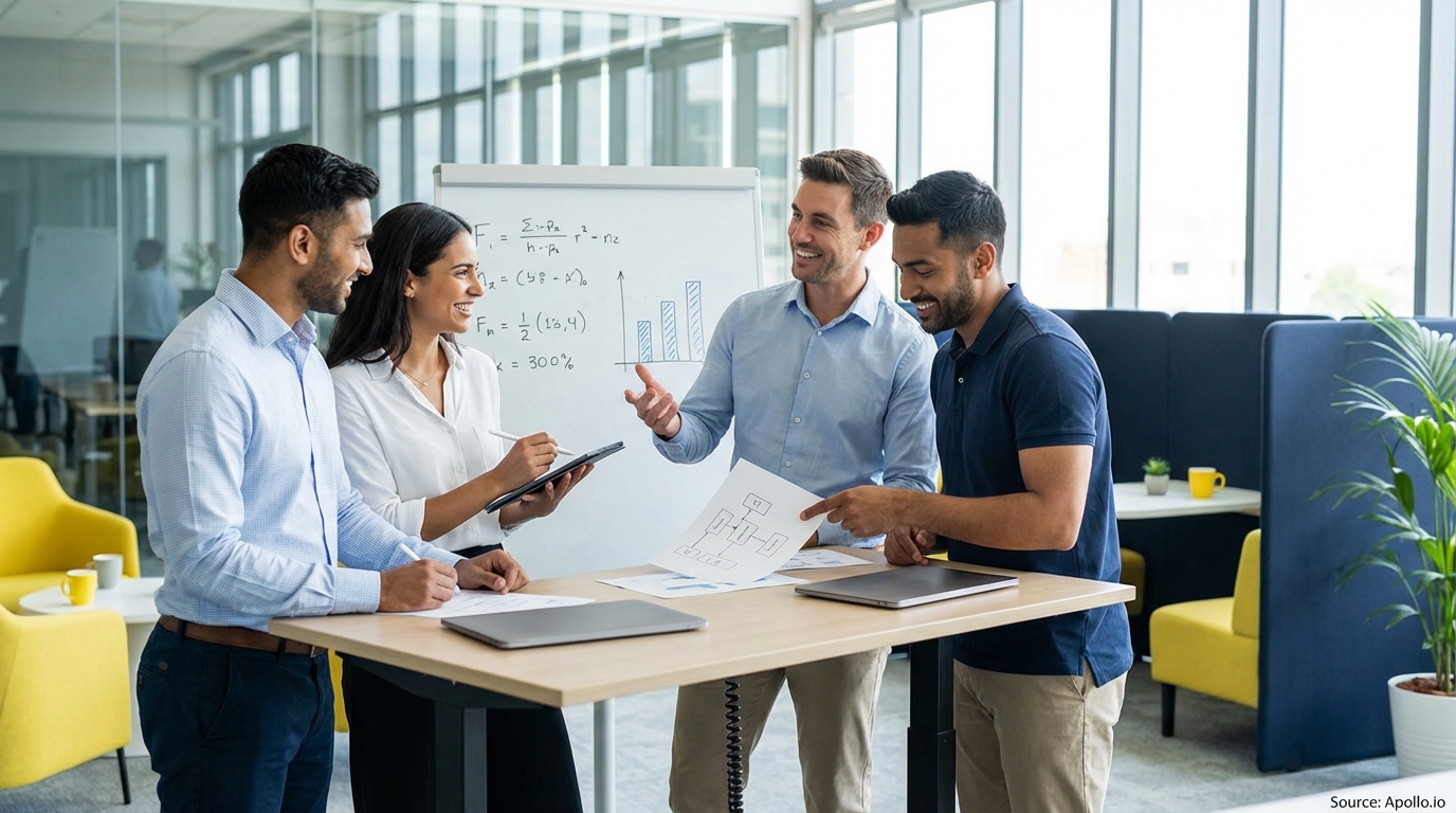 Sales team collaborating in a modern open-plan office in a sales team meeting