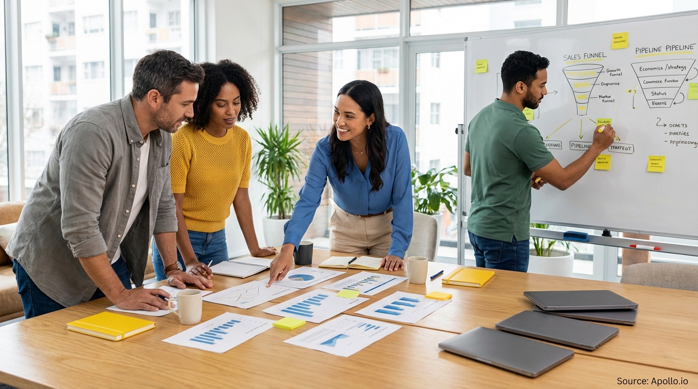 Sales professionals discussing strategy around a conference table in a sales team meeting